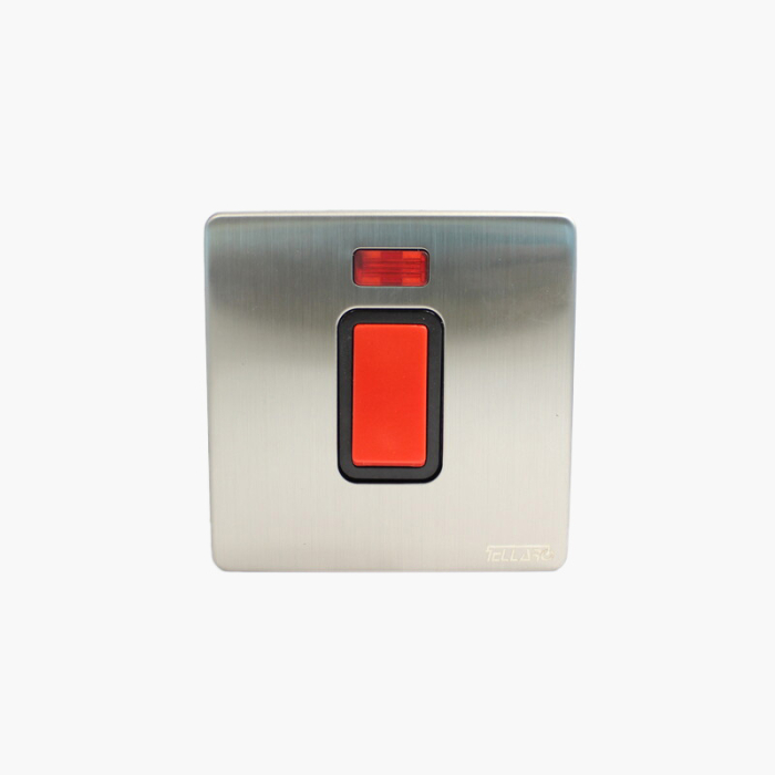 Tellaro Double Pole Switch With Neon Indicator, Brushed Chrome Screwless, Size: 3x3, 45A, Montreal T4327BC