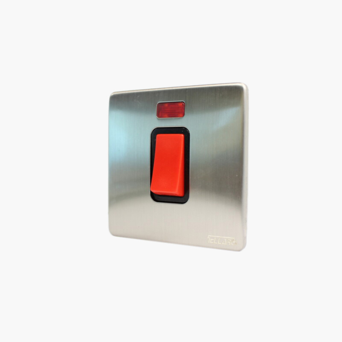 Tellaro Double Pole Switch With Neon Indicator, Brushed Chrome Screwless, Size: 3x3, 45A, Montreal T4327BC