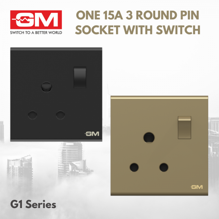 GM ONE 15A 3 ROUND PIN SOCKET WITH SWITCH, G1 SERIES