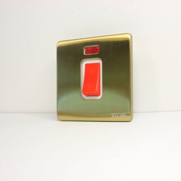 TELLARO 45AMP DP SWITCH WITH NEON SIZE : 3 X 3 BRUSHED BRASS SCREWLESS, MONTREAL T4327BB