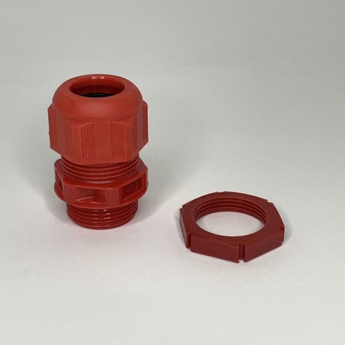 25MM FIRE ALARM CABLE GLAND WITH LOCKNUT, RED, IP68, CABLE RANGE: 9 - 17MM