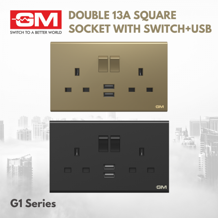 GM Double 13A Square Socket With Switch And USB Port, G1 Series