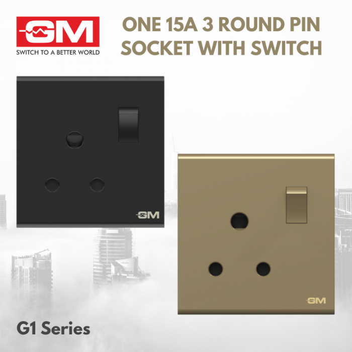 GM One 15A 3 Round Pin Socket With Switch, G1 Series