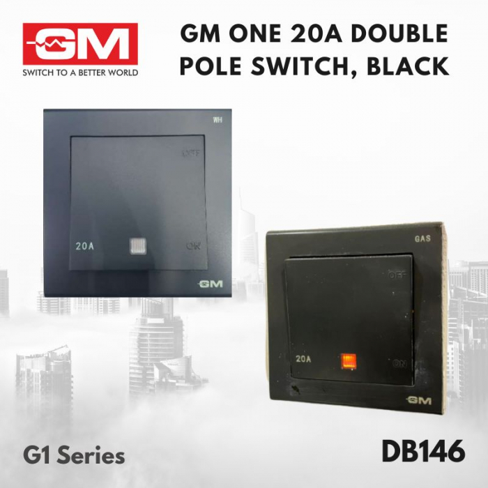 GM One 20A Double Pole Switch, G1 Series, DB146, Black