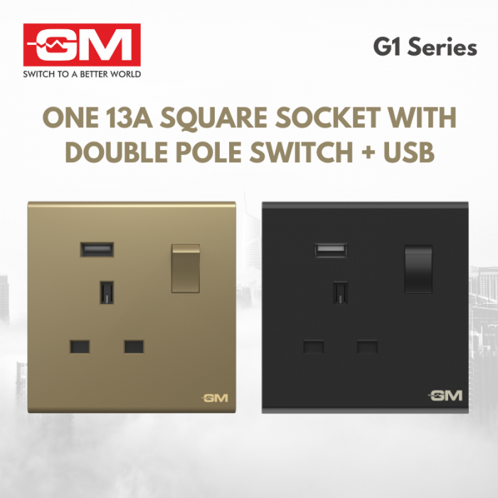 GM One 13A Square Socket With Double Pole Switch And USB Port, G1 Series