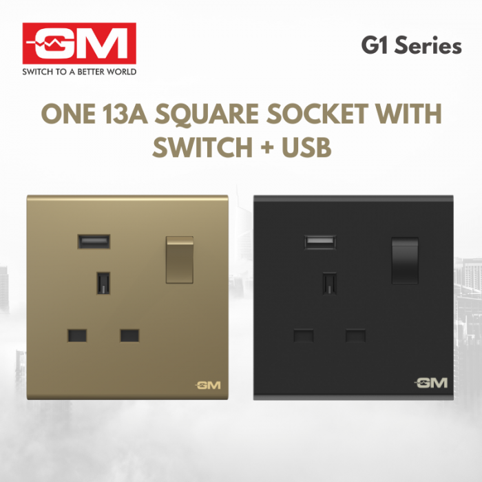 GM One 13A Square Socket With Switch And USB Port, G1 Series