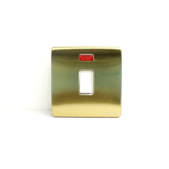 Tellaro Double Pole Switch With Neon Indicator, Brushed Brass Screwless, 20A, Montreal T4324BB