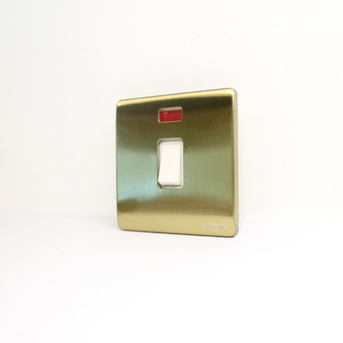 Tellaro Double Pole Switch With Neon Indicator, Brushed Brass Screwless, 20A, Montreal T4324BB