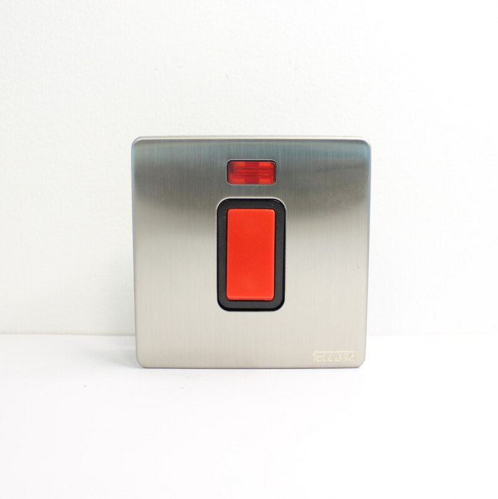Tellaro 45A DP Switch With Neon Indicator Size:3 X 3 Brushed Chrome Screwless, Montreal T4327BC