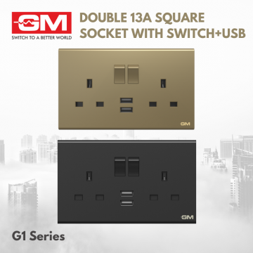 GM Double 13A Square Socket With Switch And USB Port, G1 Series