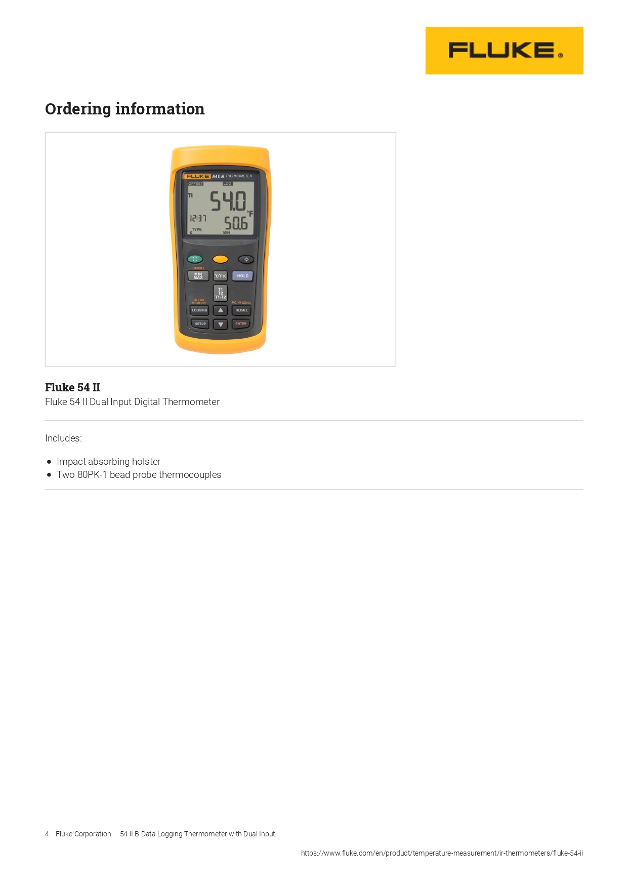 Fluke Dual Input Digital Thermometer, 54IIB, 50Hz, 0 to 1767 Deg.C